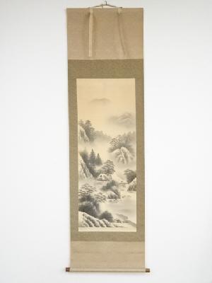 美峰筆　水墨山水　肉筆絹本掛軸（共箱）